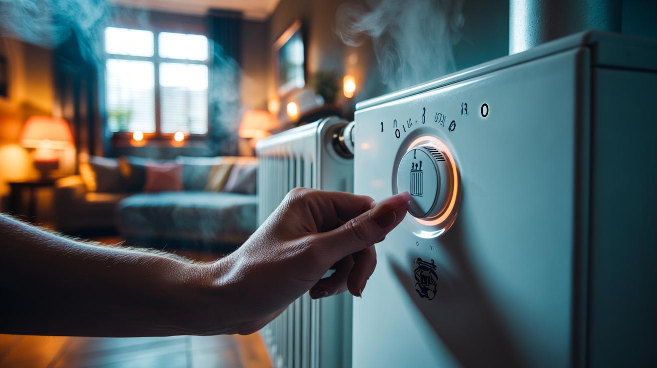 Illustration of a homeowner adjusting a condensing boiler's radiator flow temperature to 60°C to reduce energy bills
