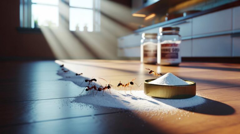 Illustration of a thin line of bicarbonate of soda blocking an ant trail with a small sugar-bicarbonate bait beside a skirting board