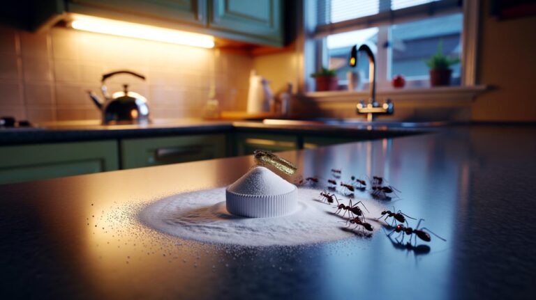 Illustration of ants gathering around a baking soda and icing sugar bait placed in small caps along kitchen trails at night