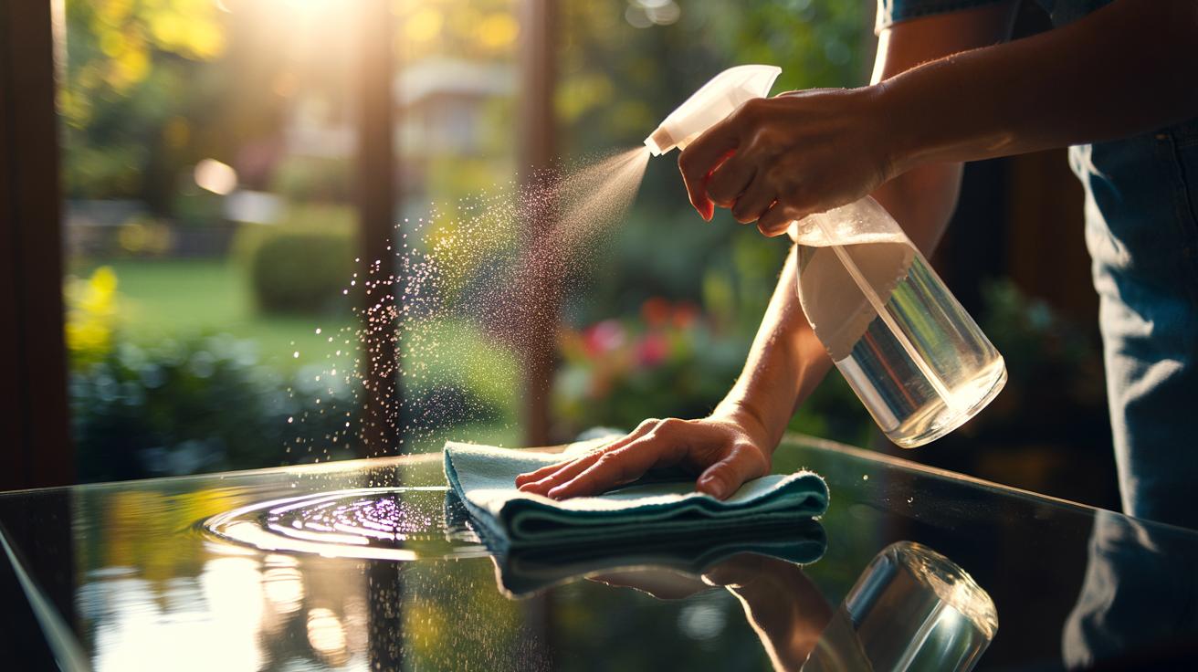 Illustration of using white vinegar and a microfibre cloth to clean a window for streak-free glass