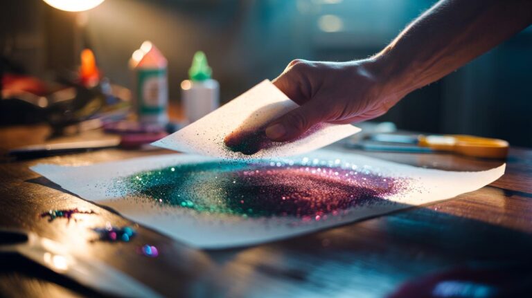 Illustration of a hand using a dryer sheet to gather glitter shards from a tabletop