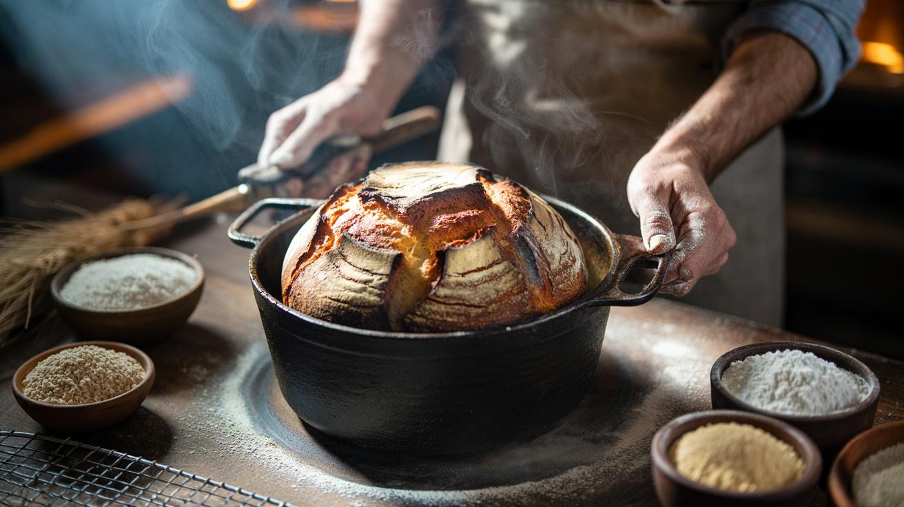 Illustration of gluten-free artisan bread with a crackly golden crust, fresh from a Dutch oven