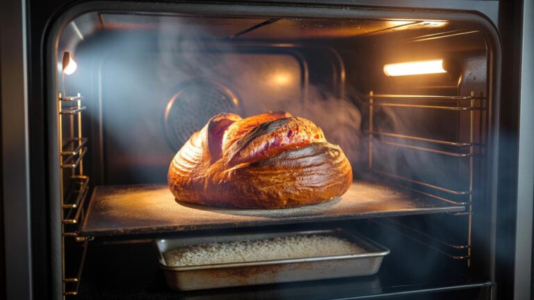 Illustration of golden crust bread baked with rice-generated steam in a home oven