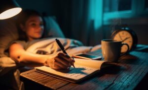 Illustration of a person in bed writing a five-minute bedtime to-do list on paper by lamplight