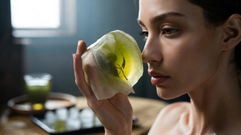 Illustration of a person using a green tea ice cube on the cheekbone to de-puff and enhance contour