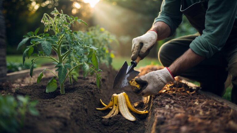 Illustration of banana peels being chopped and buried in a garden bed to boost soil nutrients