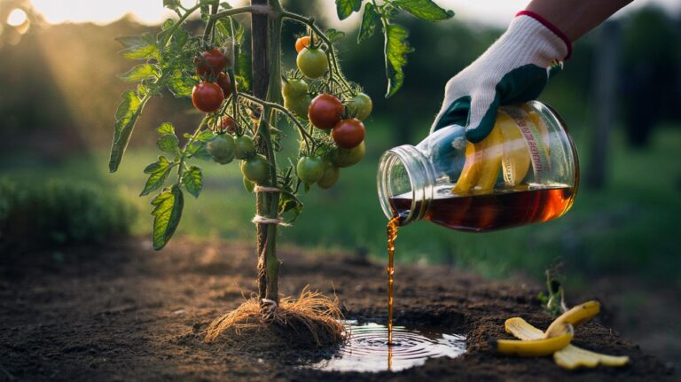Illustration of a gardener pouring banana peel tea around outdoor tomato plants to supply potassium for overnight root uptake