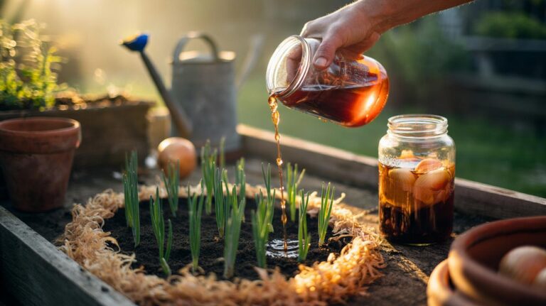 Illustration of onion skins being brewed into a natural tea and applied around seedlings to strengthen plant roots