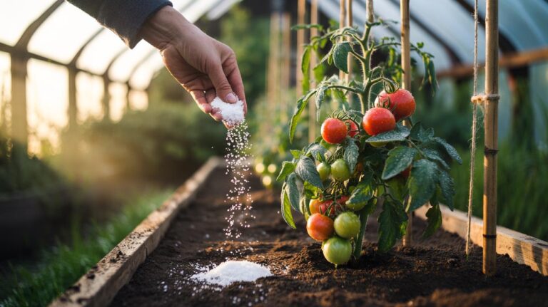 Illustration of a gardener applying Epsom salt (magnesium sulphate) around tomato plants to promote faster growth
