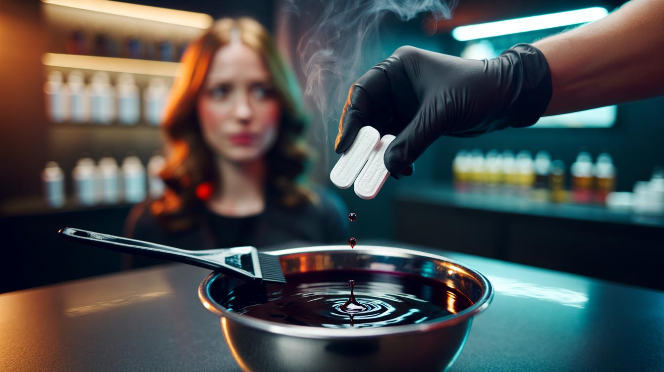 Illustration of two ibuprofen tablets being dropped into a mixing bowl of hair dye to reduce scalp burning and make color last longer