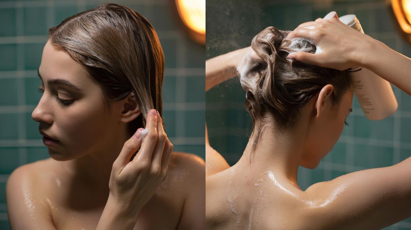 Illustration of a person applying conditioner before shampoo to target greasy roots while protecting dry ends