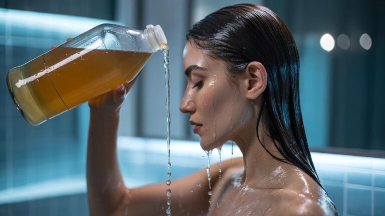 Illustration of a two-minute cold water and vinegar hair rinse that seals cuticles and adds mirror-like shine