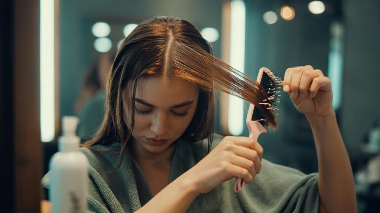 Illustration of a person brushing hair from the ends upward with a detangling brush to reduce breakage