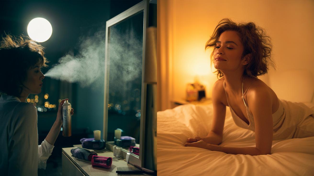 Illustration of a person applying dry shampoo at night to wake up with voluminous, textured hair