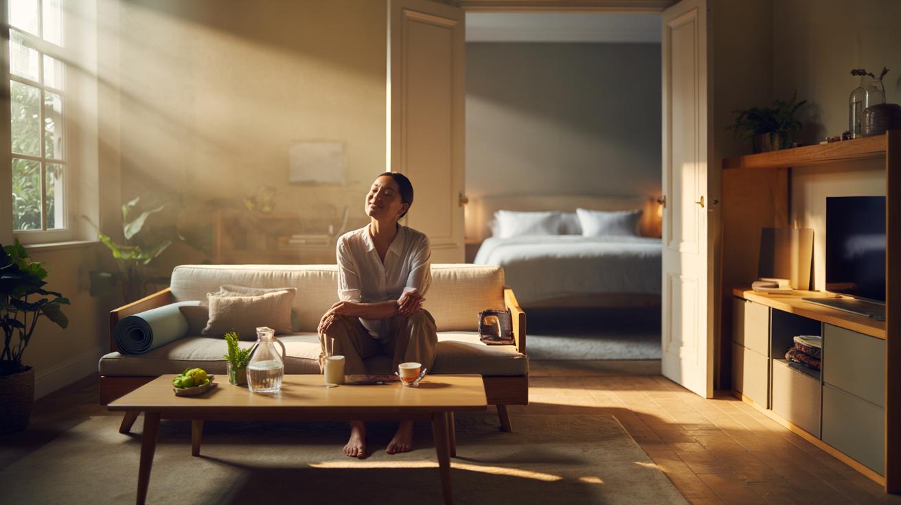 Illustration of a minimalist, clutter-free living room with simple furniture, natural light, and a few green plants, promoting happiness and better health