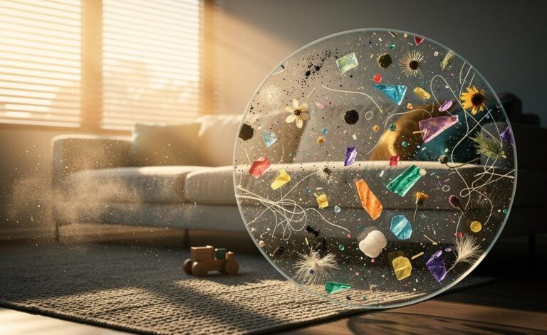Illustration of household dust accumulating in a modern home interior, with magnified particles showing microplastics, allergens, and chemical residues such as phthalates, PFAS, and flame retardants