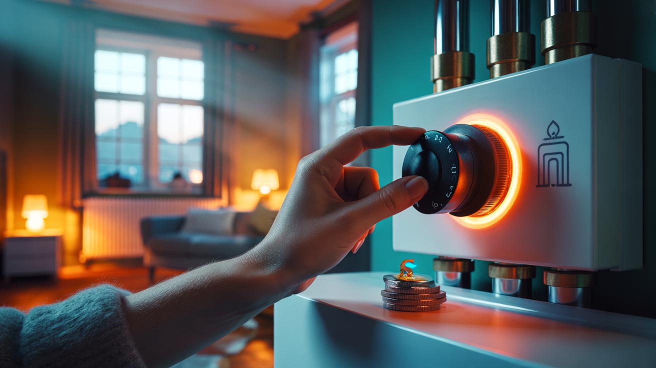 Illustration of a homeowner adjusting a condensing gas boiler’s central heating flow temperature to 55–60°C to boost efficiency and reduce annual energy costs