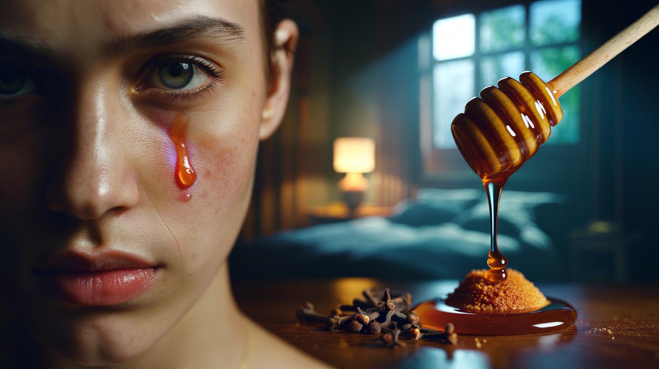 Illustration of a honey and clove paste applied to a pimple as an overnight acne spot treatment.