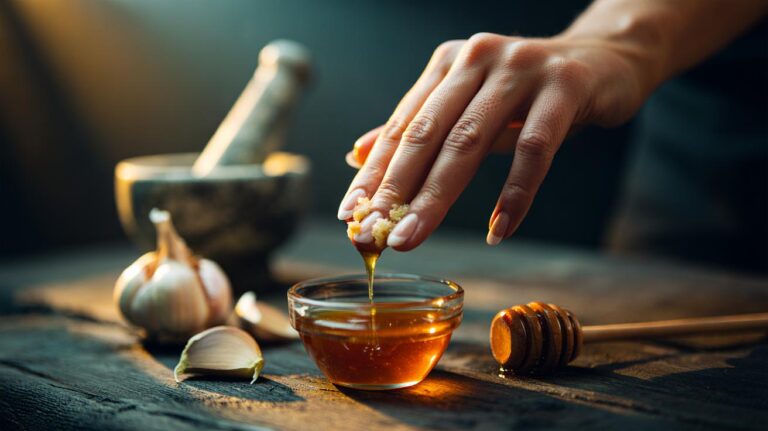 Illustration of honey-garlic paste, fresh garlic cloves, and a hand applying the mixture to fingernails and cuticles for nail care