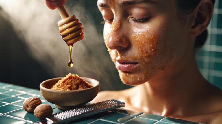 Illustration of a honey and nutmeg face scrub used to gently unclog blackheads