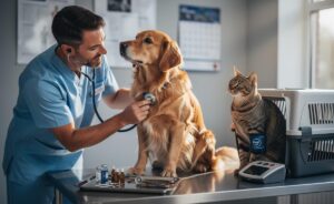 Illustration of a veterinarian examining a dog and a cat during a routine check-up, highlighting new life-stage recommendations for vet visit frequency