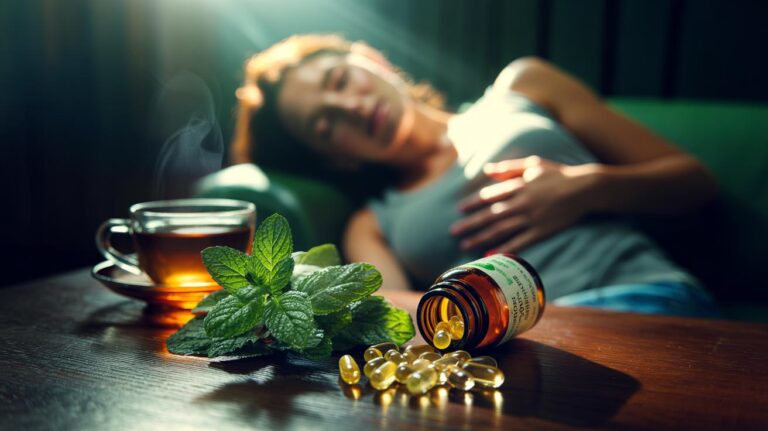 Illustration of fresh peppermint leaves alongside enteric-coated peppermint oil capsules for IBS relief