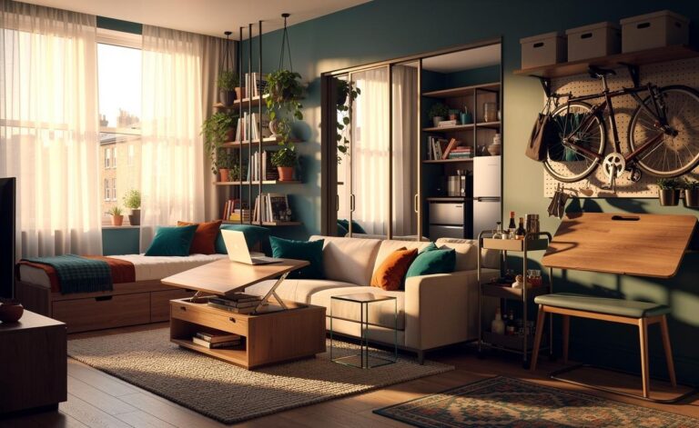 Illustration of a small apartment optimised with smart storage, multi-functional furniture, vertical shelving, and a light-enhancing layout.