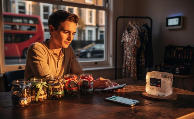 Illustration of unconventional UK money-saving strategies in 2026, such as reverse budgeting, digital friction to curb impulse buys, monetising everyday assets, leveraging tax perks, and banking automation.