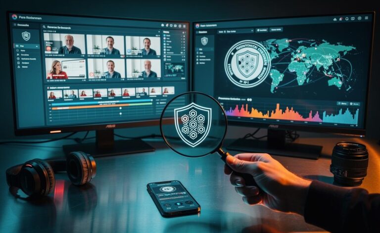 Illustration of a desktop screen showing tools to verify fake news in 2026, including C2PA content credentials, reverse image search results, video keyframe analysis, WHOIS domain lookup, and fact-checking dashboards