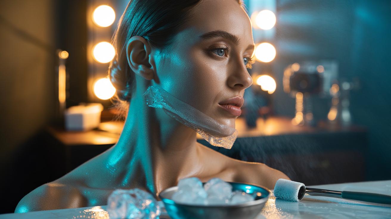 Illustration of a person using a cloth-wrapped ice cube to roll along the neck and jawline to de-puff and lift the face before photos