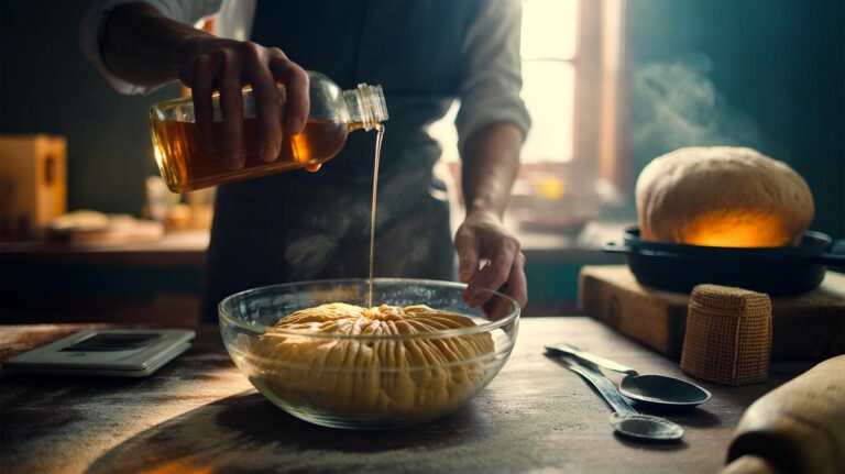 Illustration of vinegar being added to bread dough to accelerate rising and strengthen gluten.