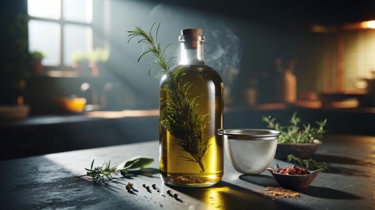 Illustration of herbs infusing in olive oil overnight in a sterilised glass bottle