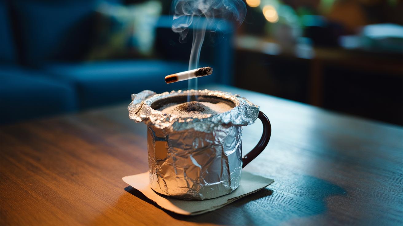 Illustration of an aluminium foil ashtray liner in a mug with a loose foil lid, trapping ash and reducing odour