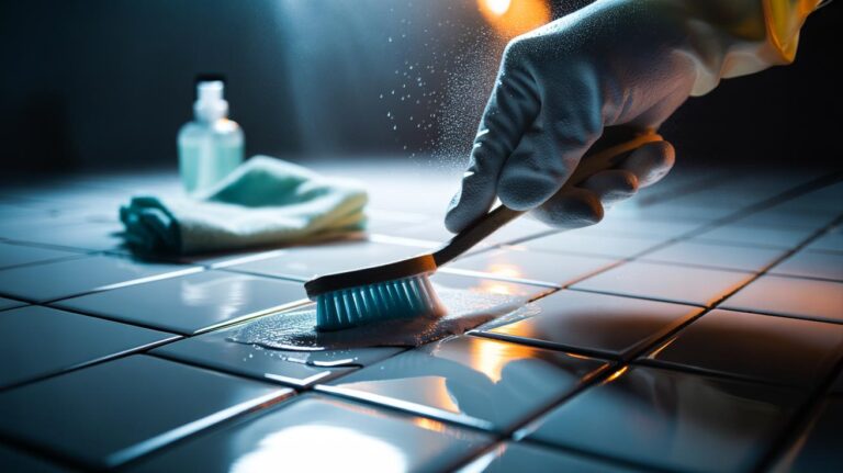 Illustration of [a toothbrush scrubbing grout lines between ceramic tiles, with grime lifting away for an instant, streak-free clean]