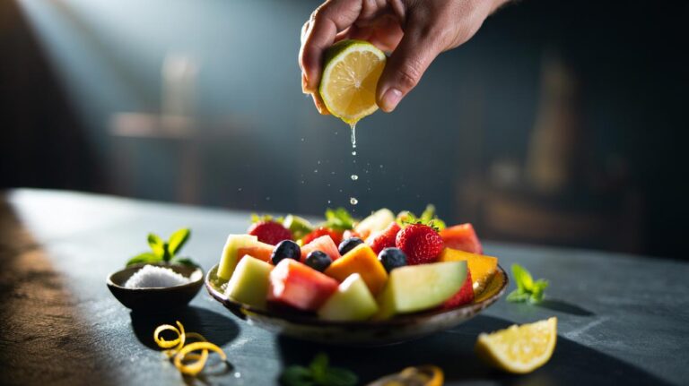 Illustration of lemon juice being squeezed over fresh fruit to enhance flavour
