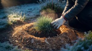 Illustration of a layer of organic mulch insulating plant roots and warming plant bases during winter
