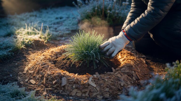 Illustration of a layer of organic mulch insulating plant roots and warming plant bases during winter