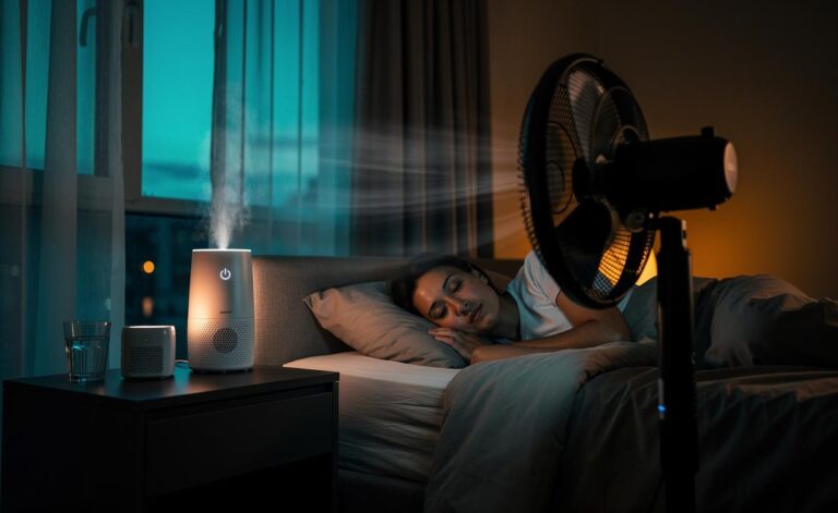 Illustration of a person sleeping with a bedside fan on at night