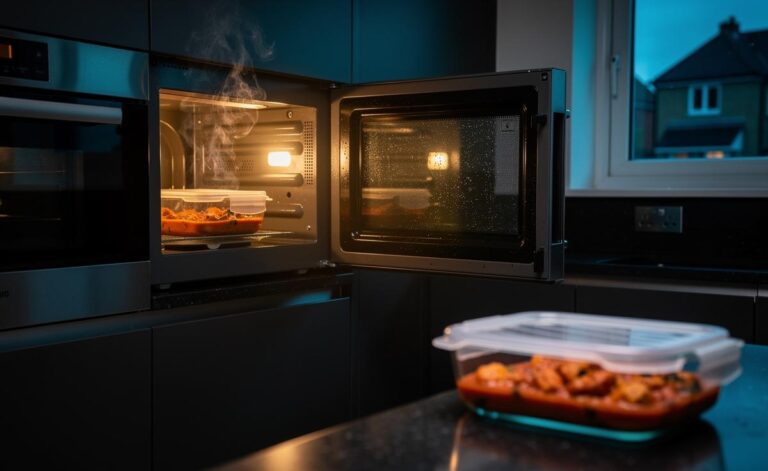 Illustration of a microwave reheating food in a plastic container, highlighting microwave-safe labeling and resin codes