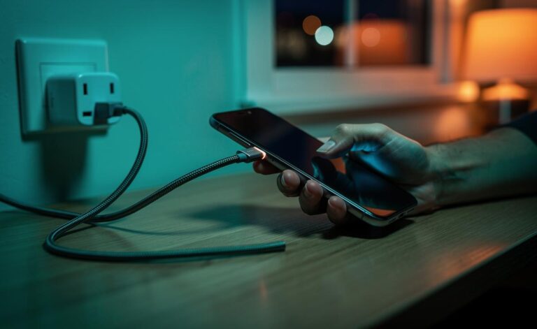 Illustration of a smartphone being used while charging, highlighting safety, charger quality, and heat management