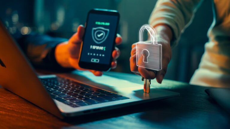 Illustration of a user enabling multifactor authentication with an authenticator app and a hardware security key to protect personal data online