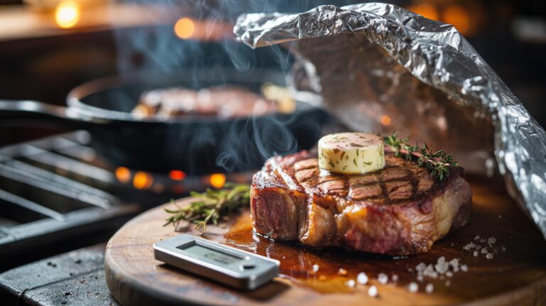 Illustration of a seared steak resting under a loose aluminium foil tent to lock in juices and flavour