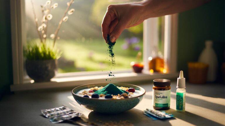 Illustration of spirulina powder being sprinkled onto breakfast as part of hay fever management