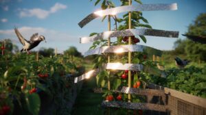 Illustration of reflective foil strips and bird scare tape fluttering in a garden to deter birds from fruit and seedlings