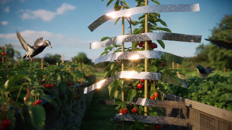 Illustration of reflective foil strips and bird scare tape fluttering in a garden to deter birds from fruit and seedlings