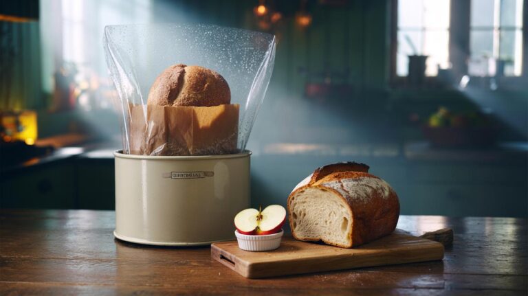 Illustration of an apple slice placed with a loaf of bread to delay staleness