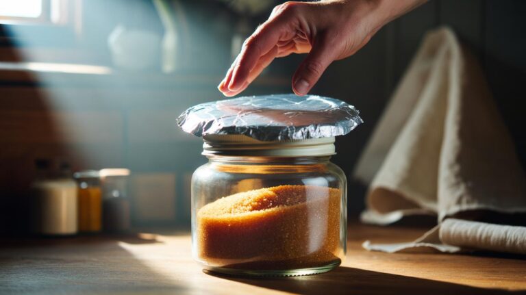 Illustration of a sealed glass jar of brown sugar with a lightly crumpled aluminium foil disc placed directly on the sugar beneath the lid