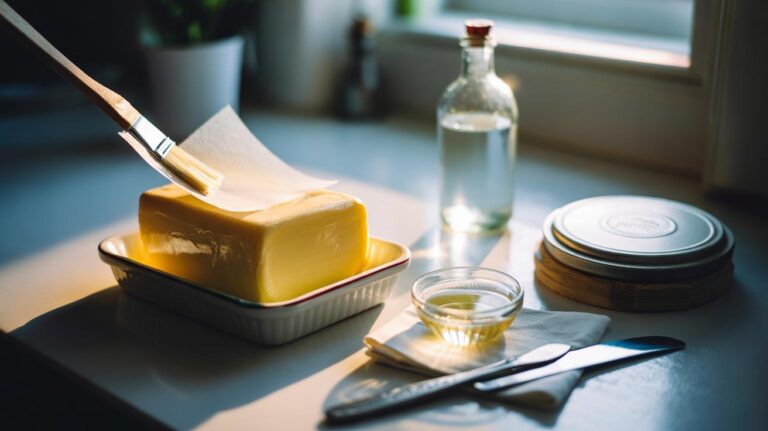 Illustration of butter in a covered dish with a vinegar-dampened parchment wrap and diluted vinegar wipe, used to reduce surface microbes and extend shelf life