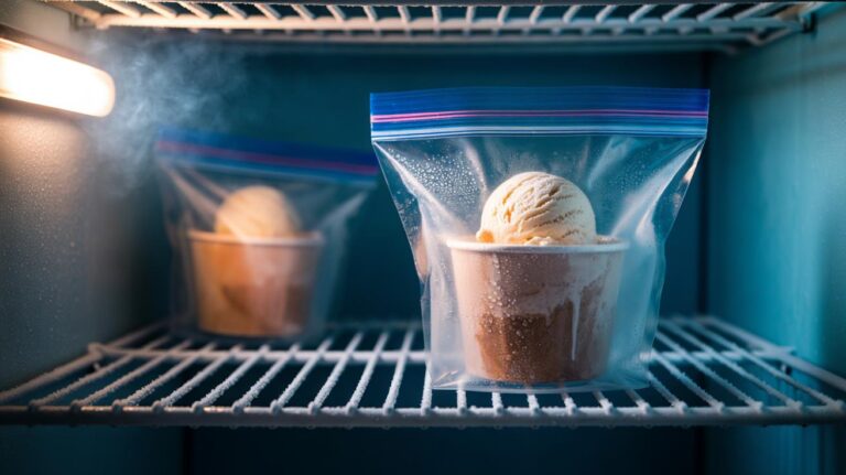 Illustration of an ice cream tub sealed in a zip-top freezer bag in a freezer to keep the texture soft overnight