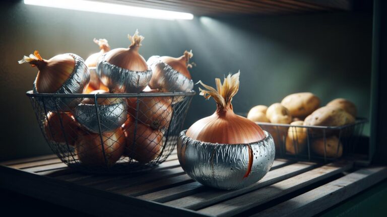 Illustration of pantry-stored onions fitted with vented aluminium foil collars in a mesh basket to reduce light exposure, maintain airflow, and prevent rot